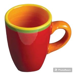 S/4 Dansk Caribe Aruba Orange Hand-Painted Ceramic Red Mug w Green Yellow Rim